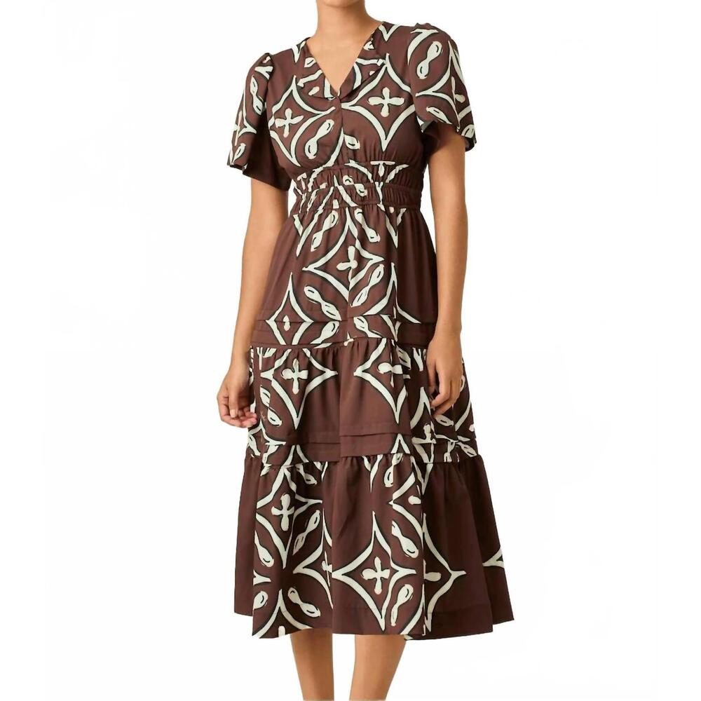 NEW LAVI theresa midi dress in brown white geometric tile